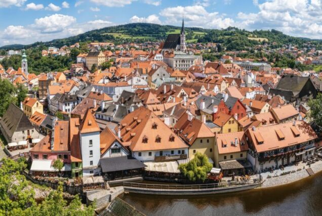 Aerial view of Český Krumlov with its iconic architecture and river coursing through the city.